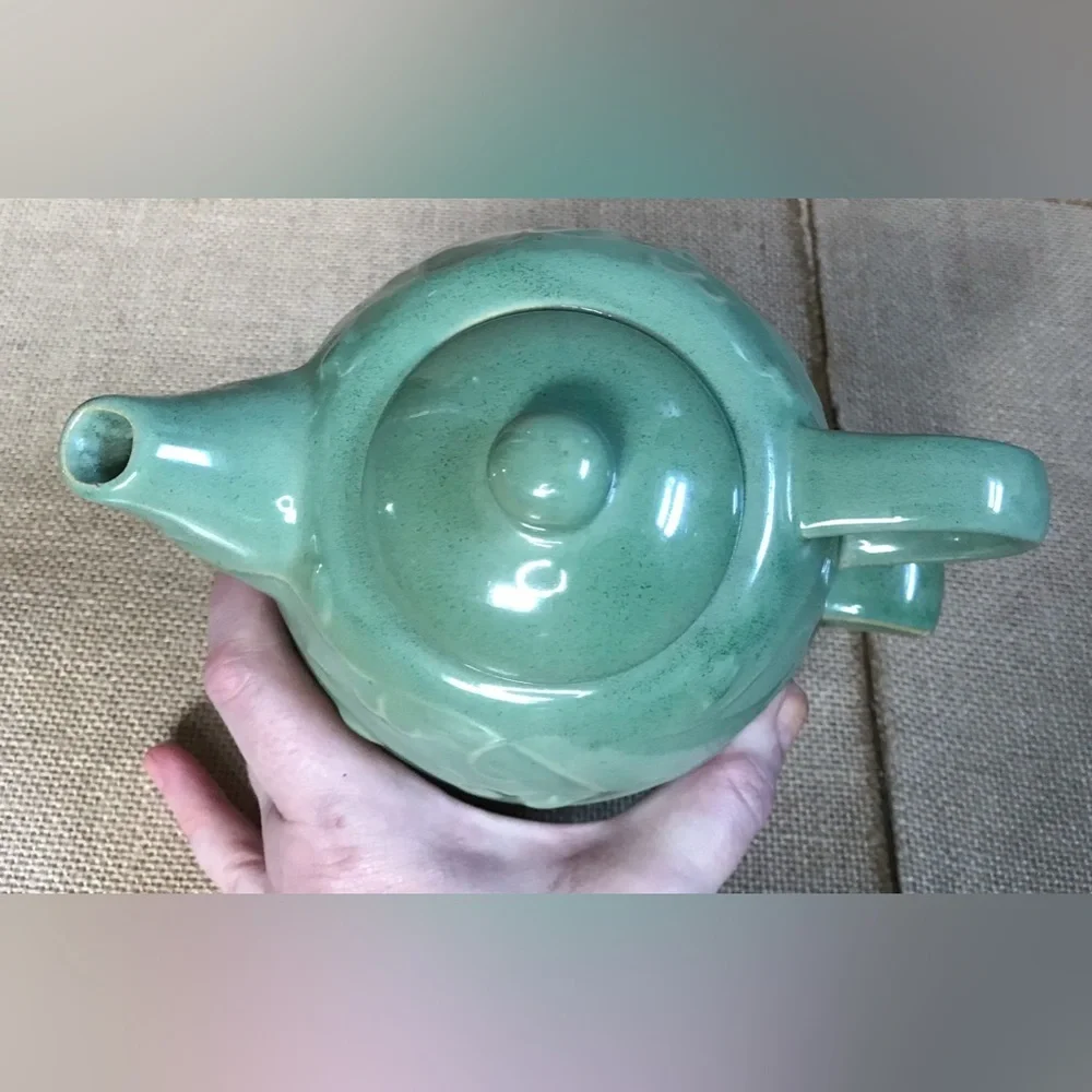 Pier 1 Light Green Embossed Stackable Teapot Coffee Mug Cottage Core Coastal